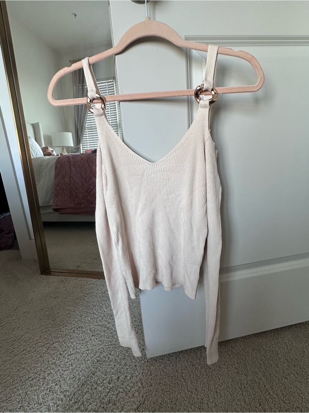 SHEIN Cream Ribbed V-Neck Sweater with Gold Ring Straps